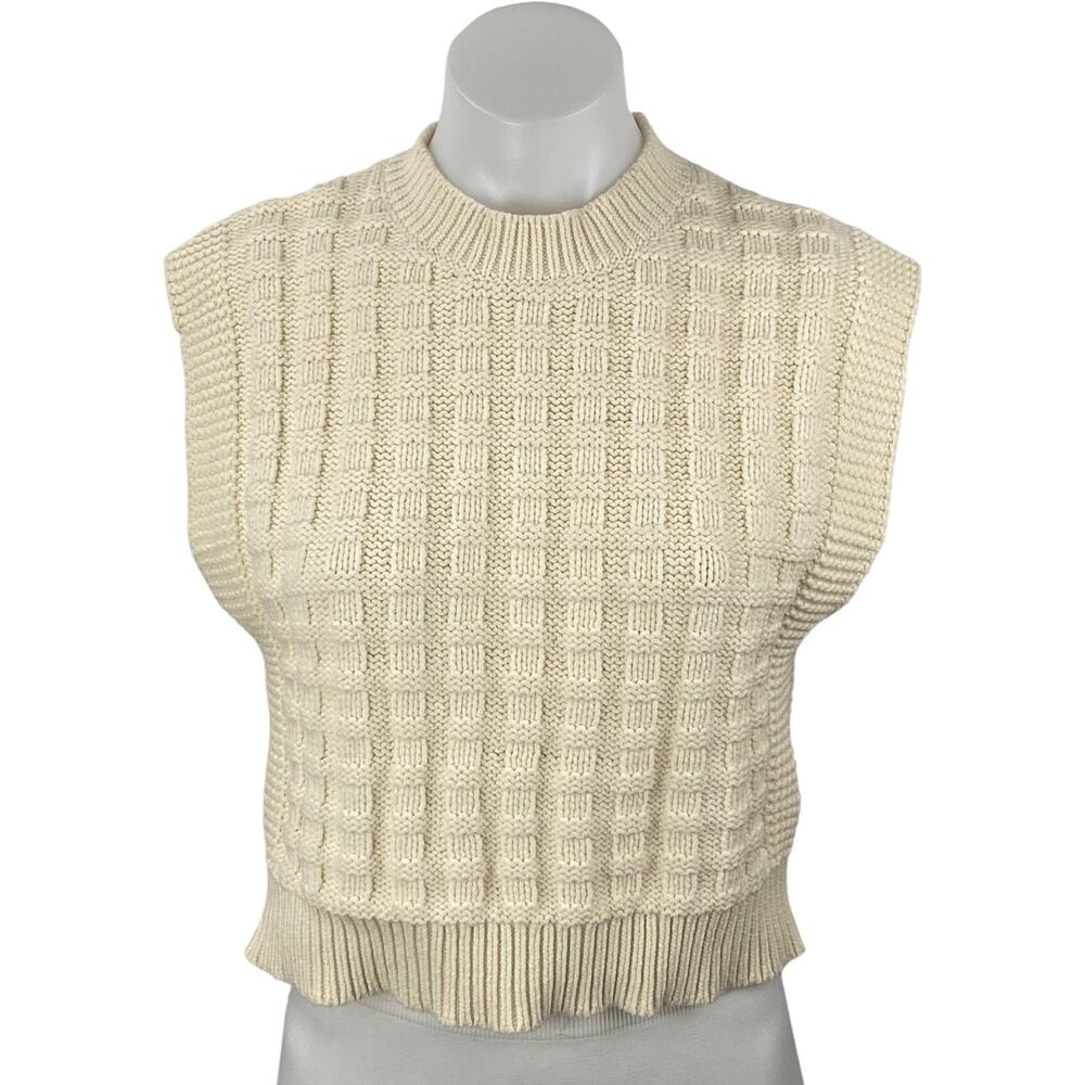 Madewell Checkered-Stitch Wedge Cream Sleeveless Crop Tank Sweater Vest Top Sz M